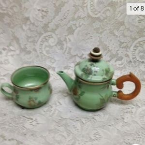 1995 Camp MacKenzie Childs Ltd., Green Floral Enamelware, 3pcTea Set